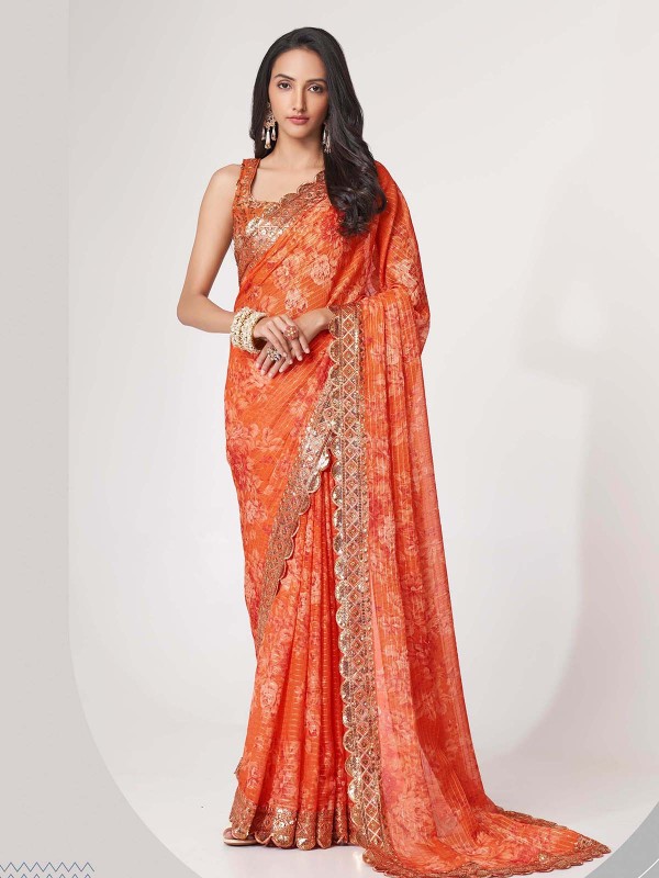 Deep Orange Organza Digital Print Saree